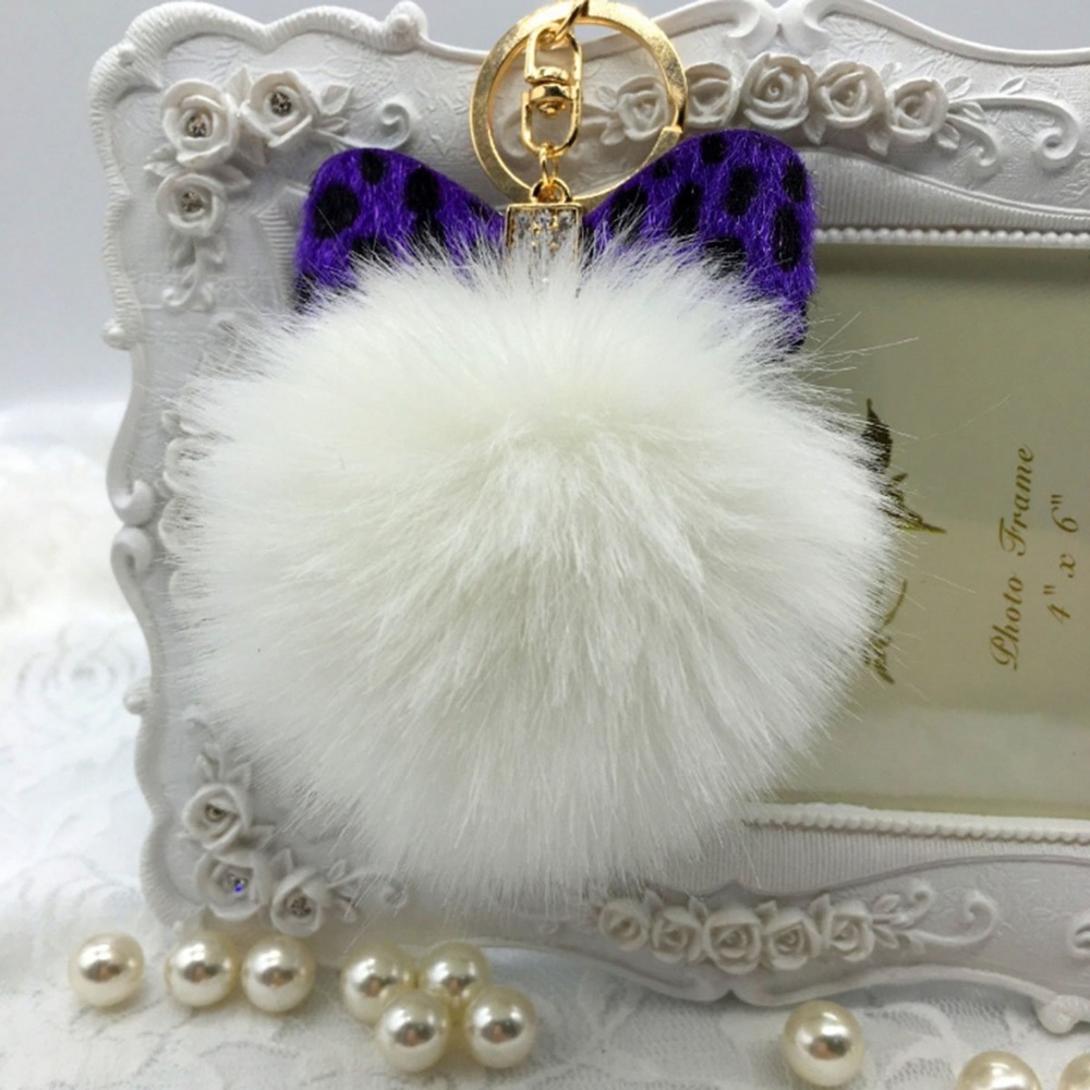 White Purple Leopard Bow Pompom Keychain